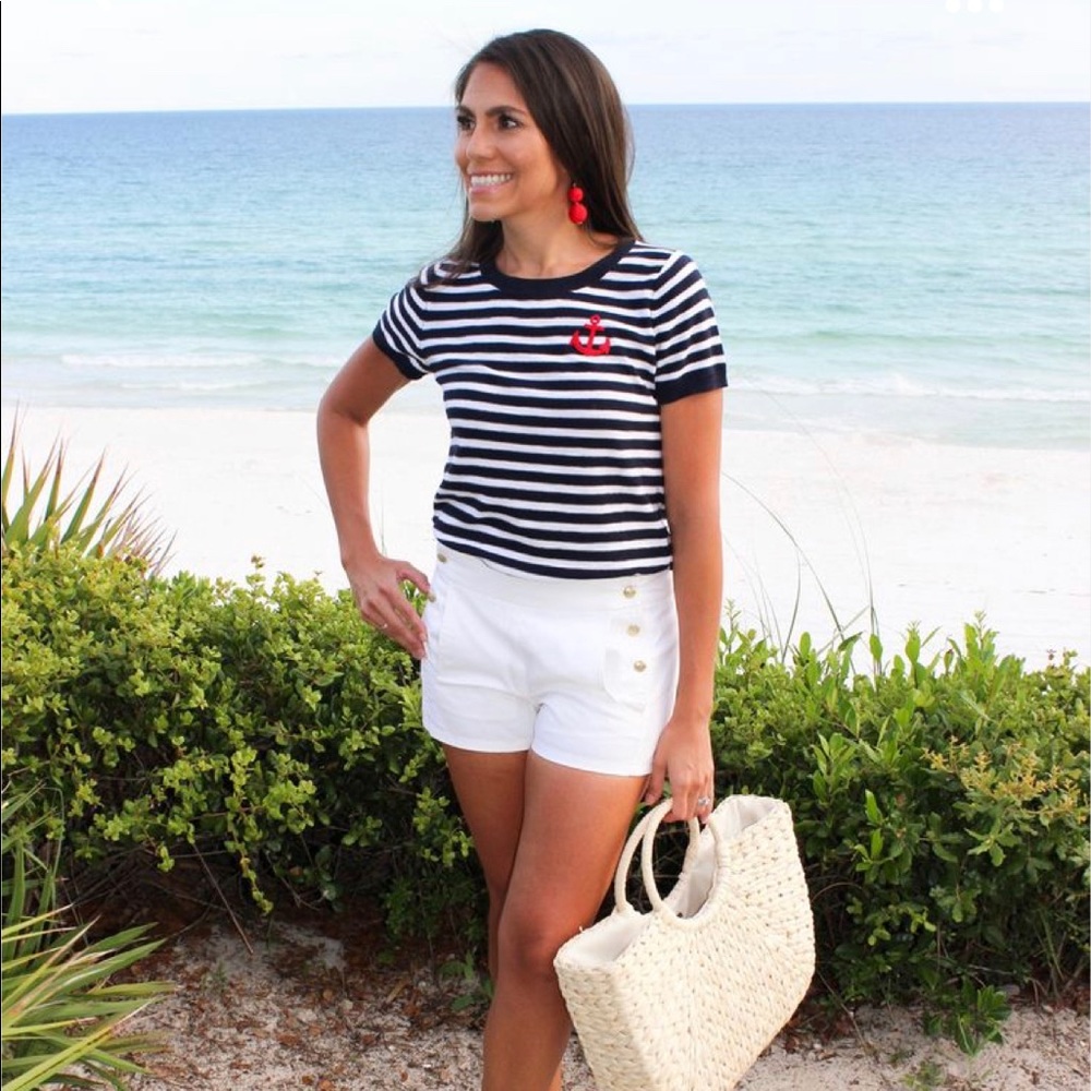 Ann Taylor Loft Large Navy Nautical Striped Anchor Short Sleeved Sweater Shirt